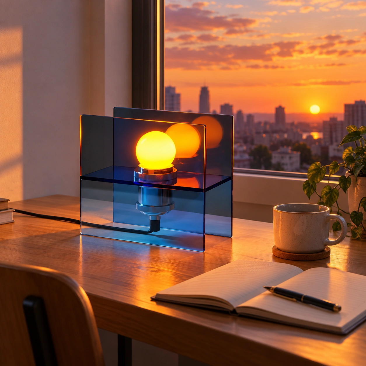 Sky-blue table lamp on a writing desk at sunset