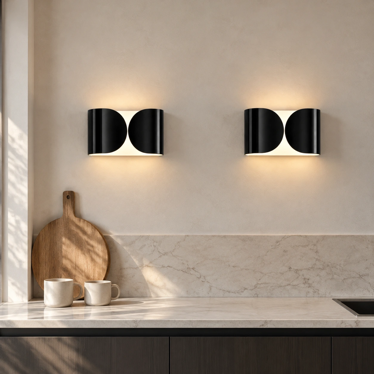 Foglio wall light pair in a calm kitchen setting