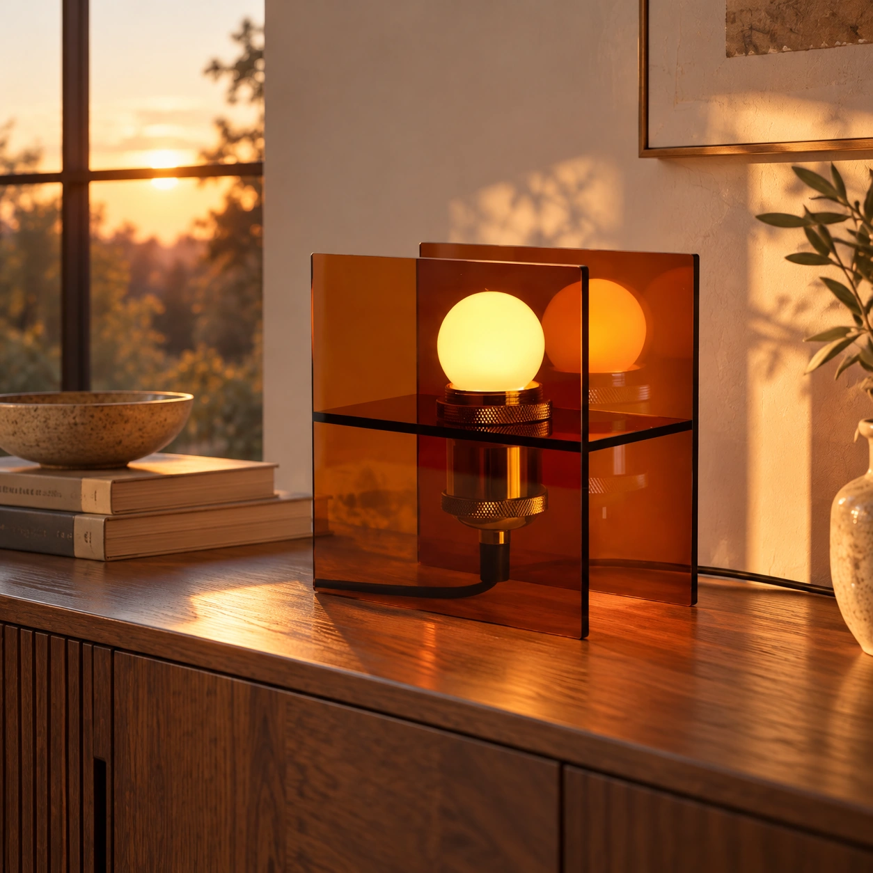 Amber table lamp on a sideboard in a sunset living room