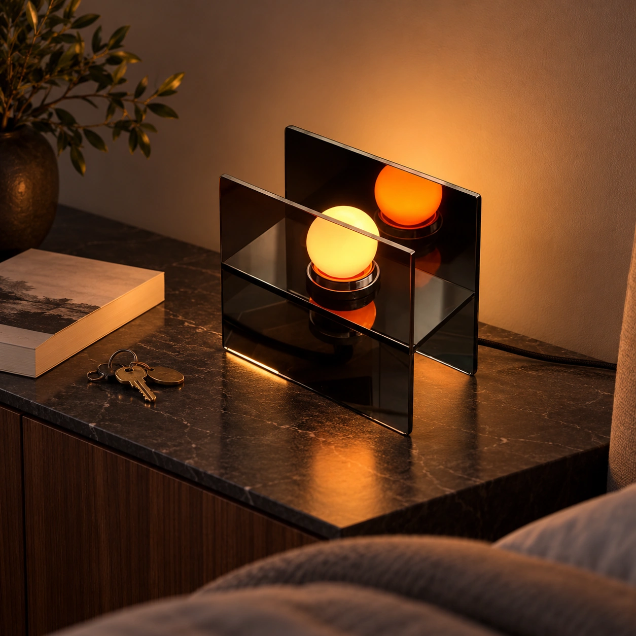 Crystal-black table lamp in a bedroom after dusk