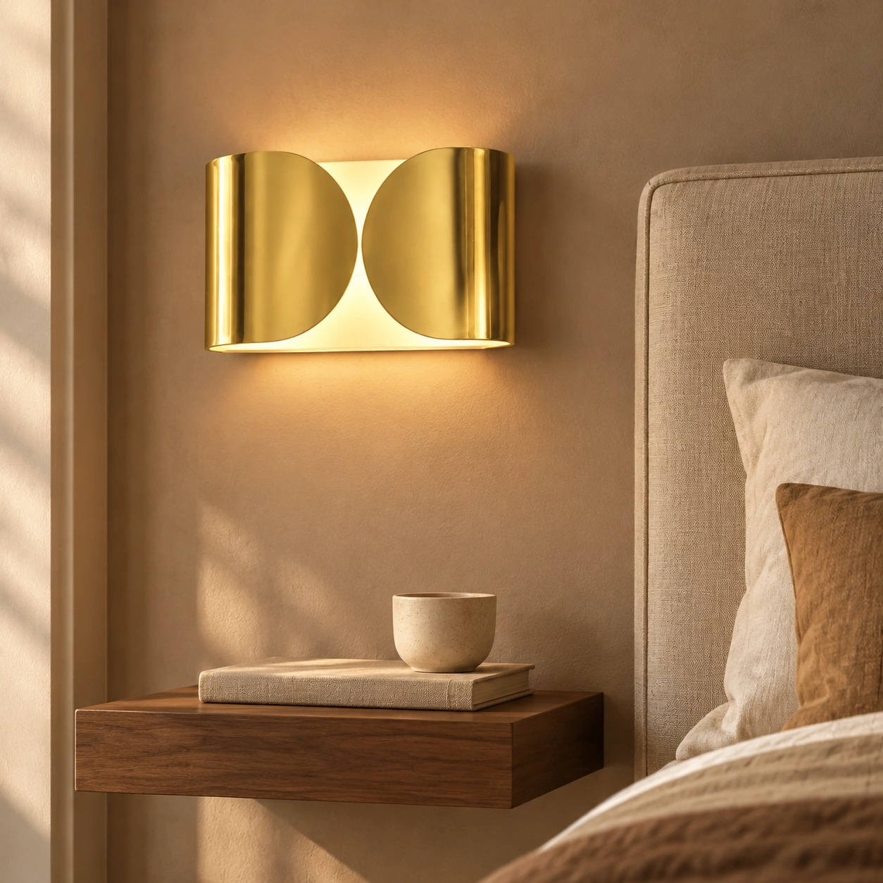 Gold Foglio wall light beside a bedroom bed
