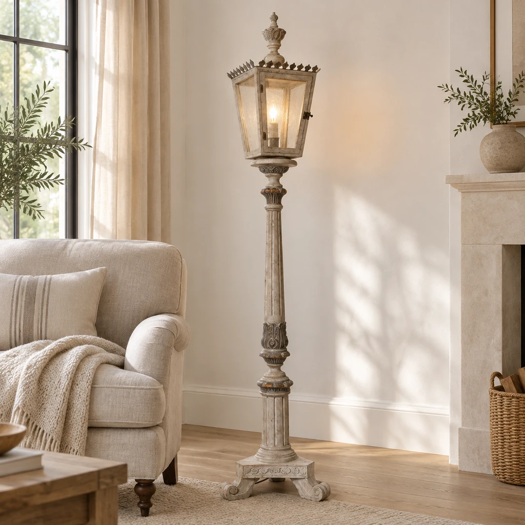 Maison carved wood lantern floor lamp in a living room