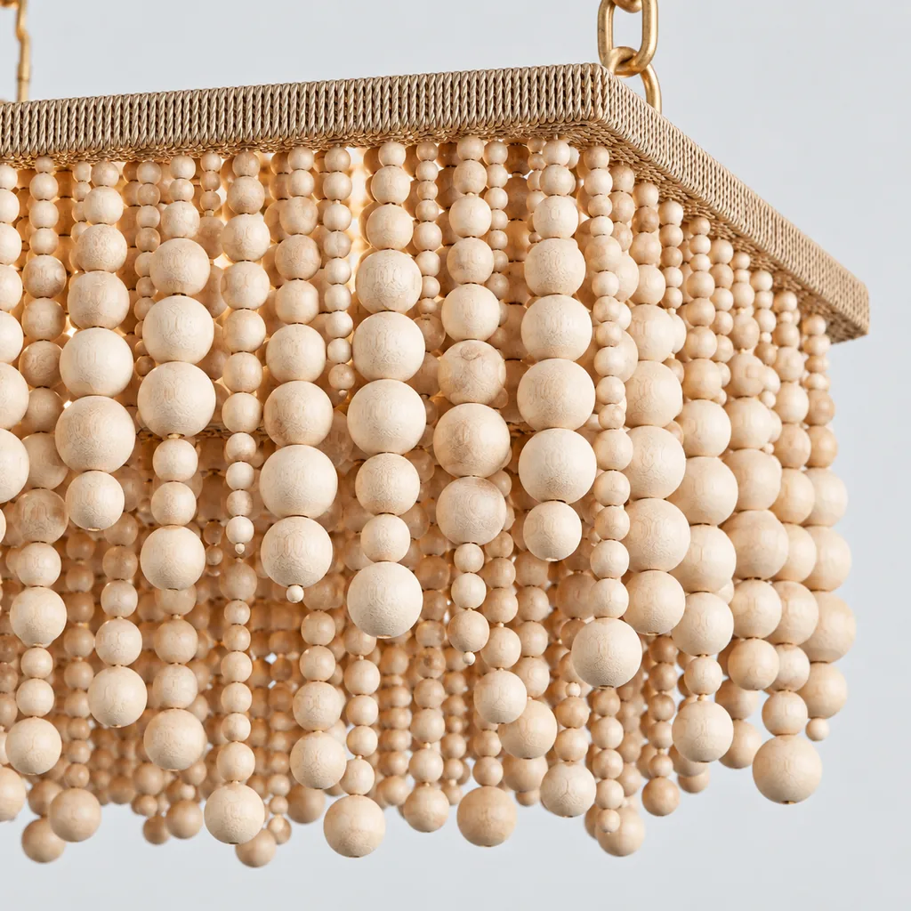 Natural wood bead chandelier detail showing layered bead frame and wood texture