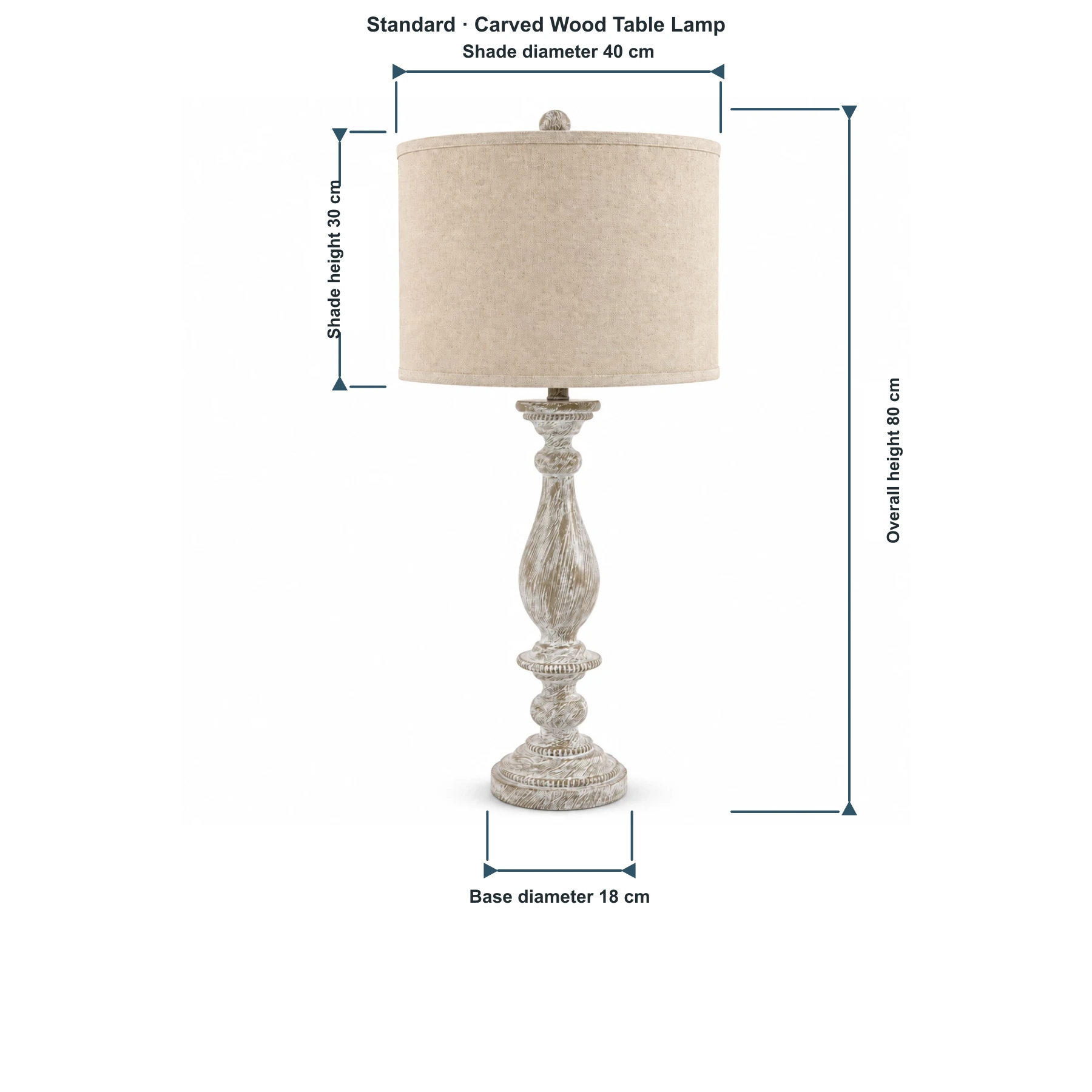 Camille Standard dimensions: overall height 80 cm; base Ø18 cm; shade Ø40 × H30 cm