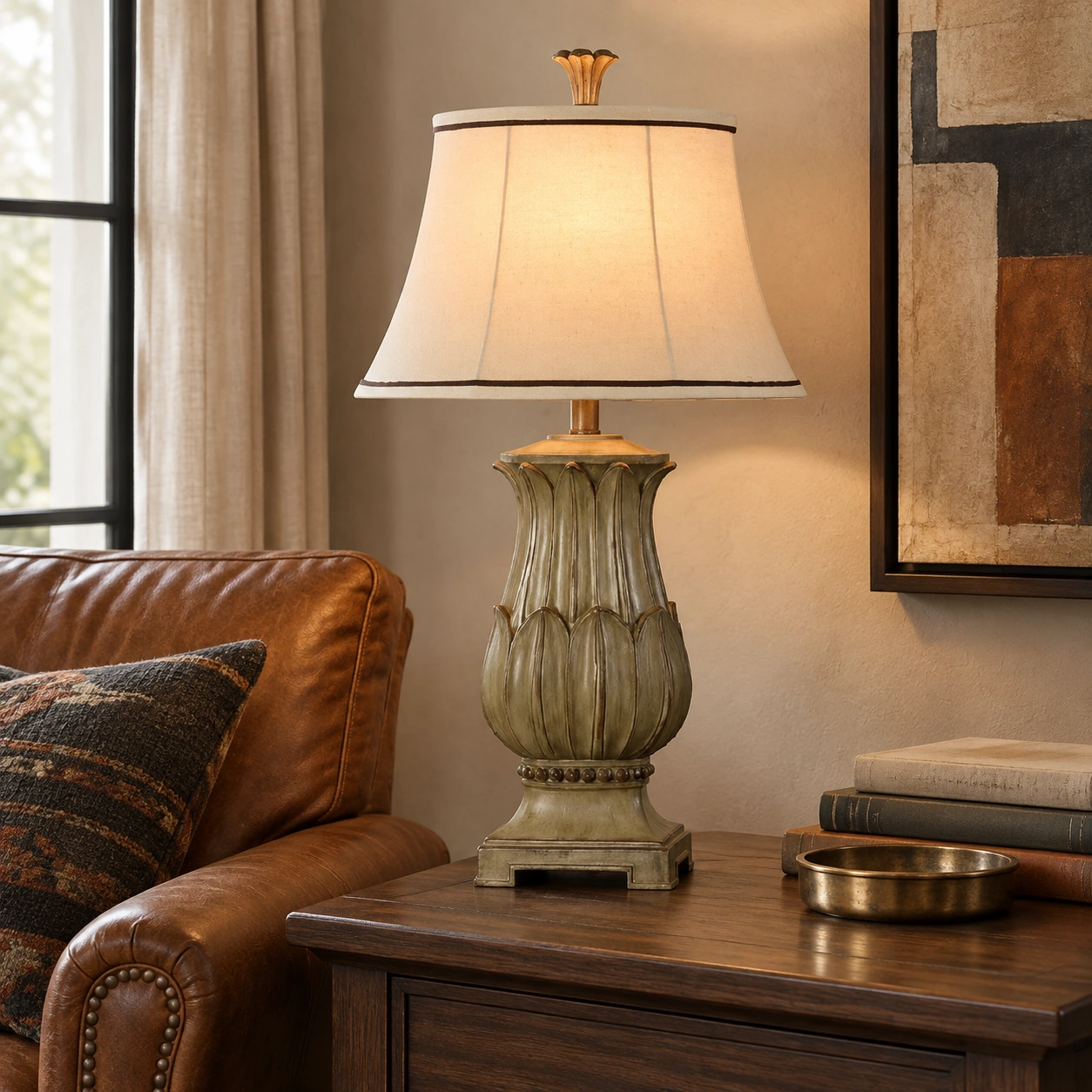 Marlowe antique carved wood table lamp in an American Rustic living room