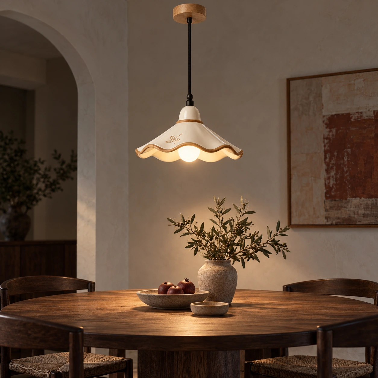 Eliseo French Vintage Scalloped Ceramic and White Ash Wood Pendant Light in a dining room