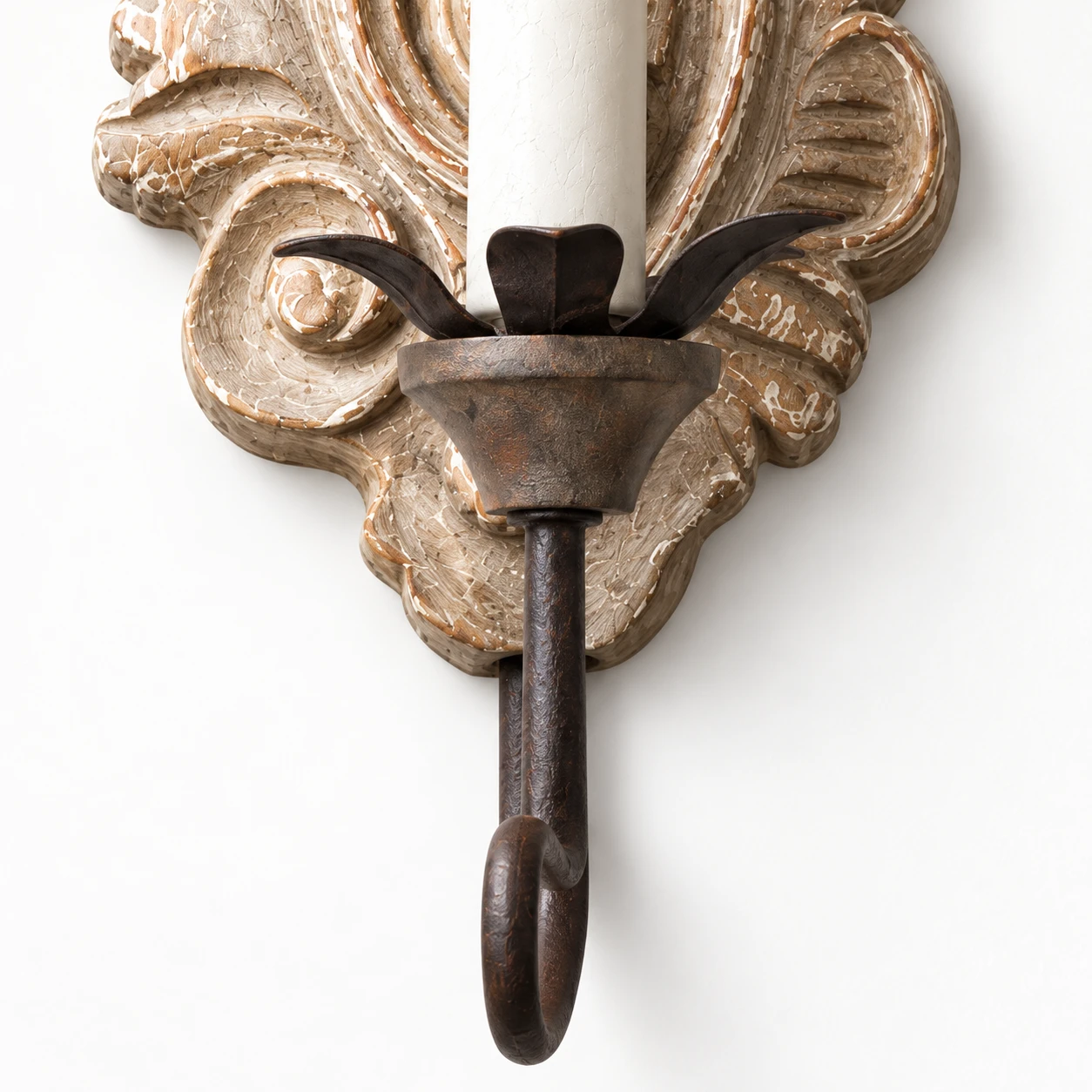 Detail · Wood-and-Iron Joint close-up of the wood and iron wall sconce