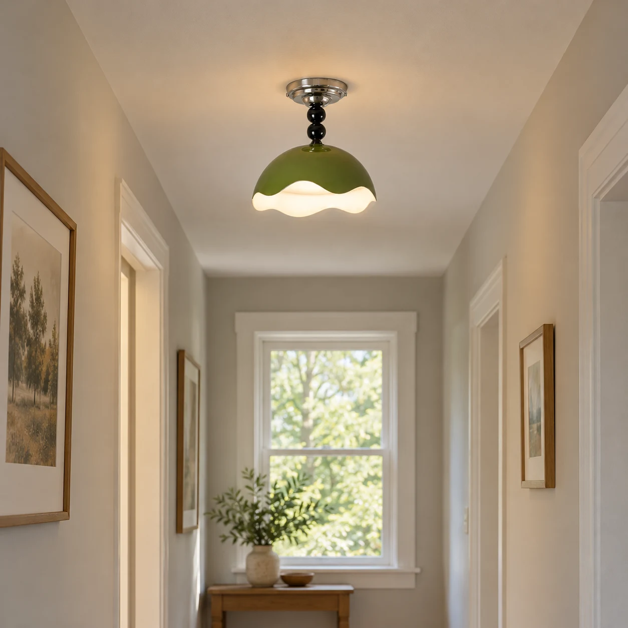 Mira Memphis Scalloped Acrylic and Metal Flush Mount Ceiling Light — scene olive hall