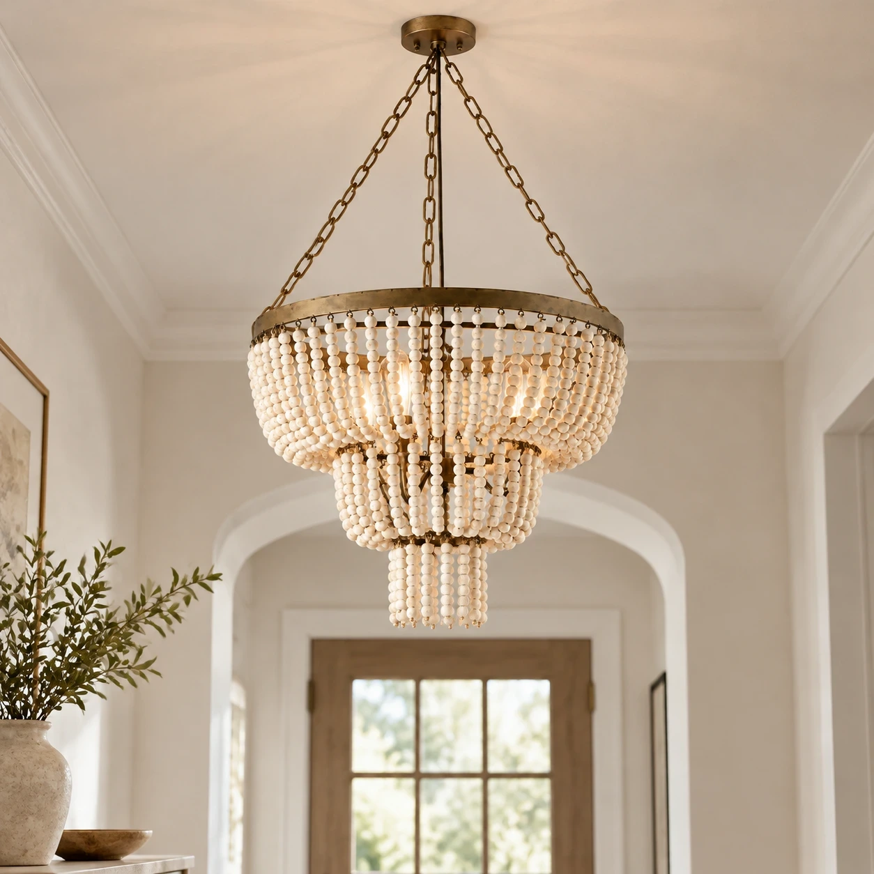 Sofia Vintage Minimal Walnut Wood and Metal Pendant Light in a bright entryway