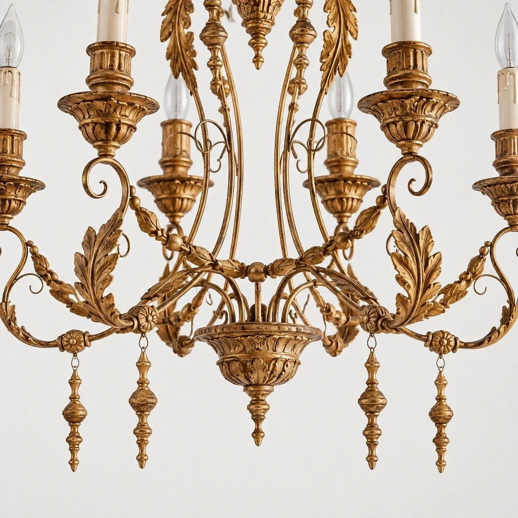 Close detail of the central bowl, arm junctions and pointed finial
