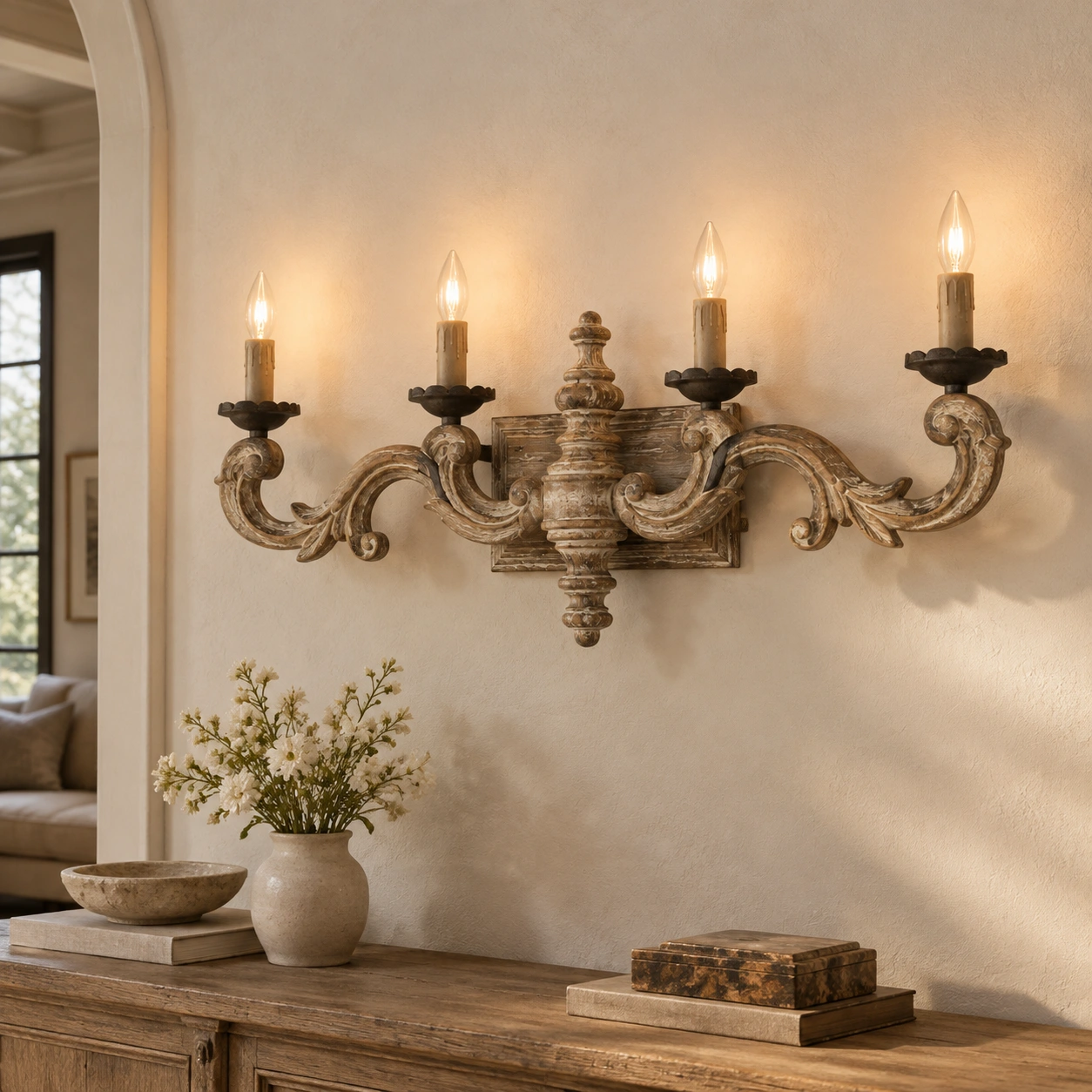 Avery carved solid wood wall sconce scene 06 close