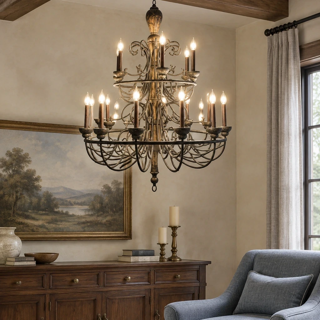 Rustic Multi-Tier Carved Wood Chandelier above a warm walnut console