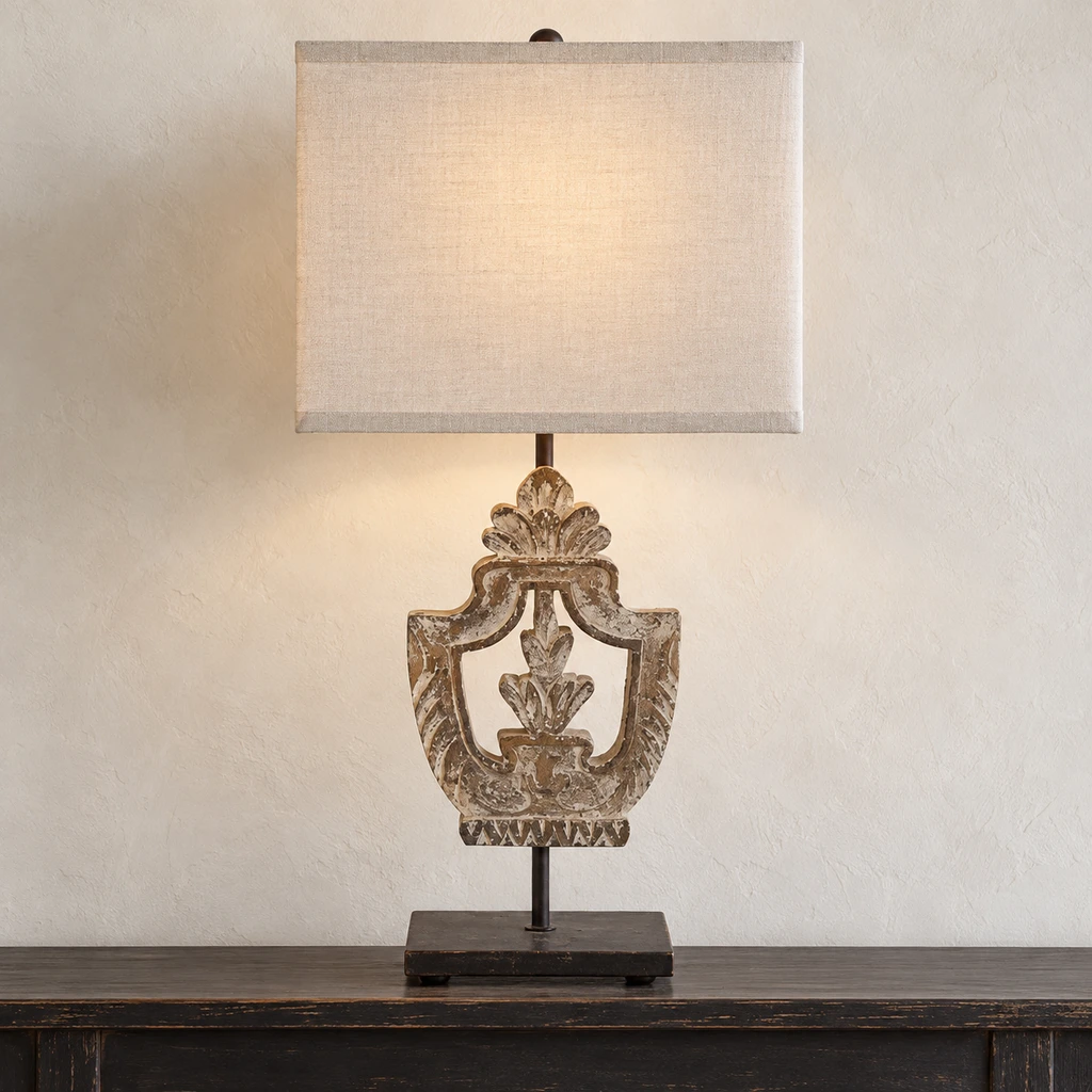 Elodie French vintage shield carved wood table lamp in a neutral interior