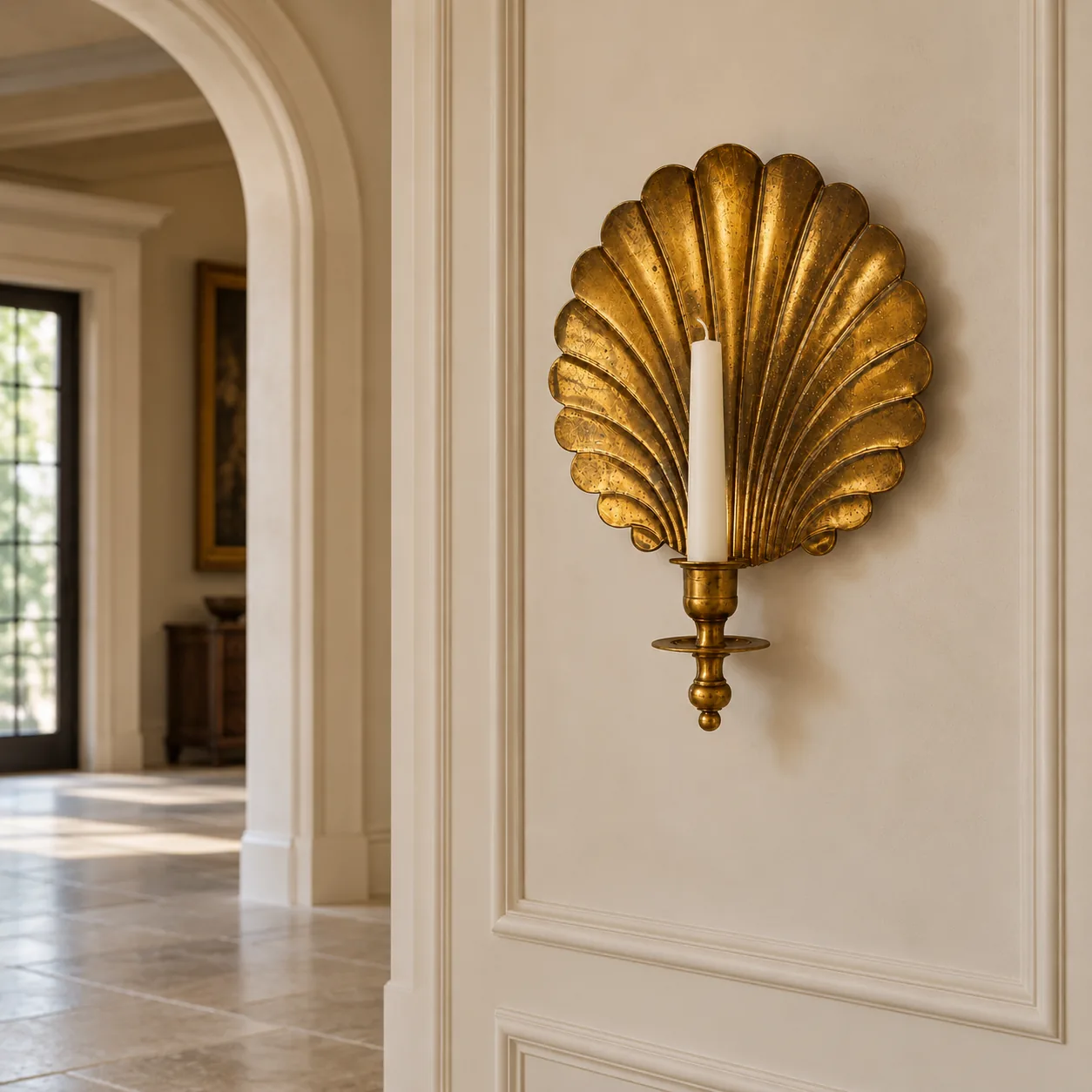 Shell sconce in a pale hallway