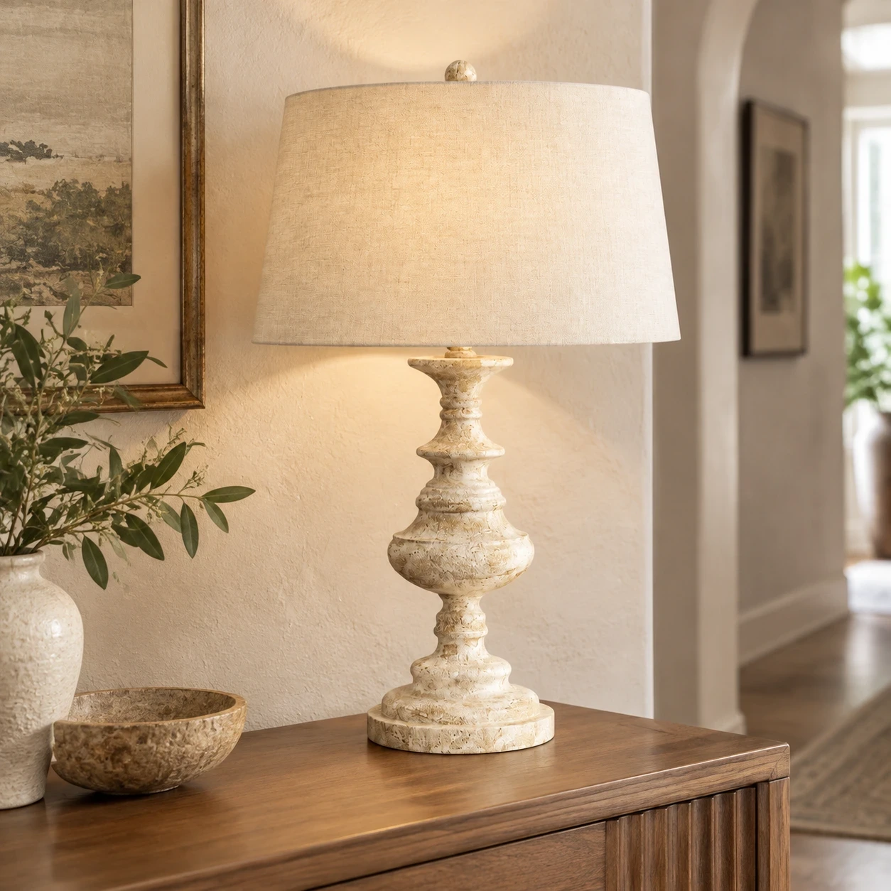 Theo Vintage Bedside Walnut Wood and Metal Table Lamp in a refined boutique hallway