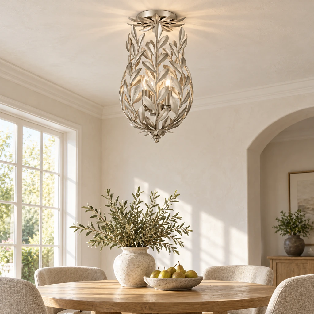 Silver leaf Aurelia flush-mount ceiling light installed above a bright dining nook