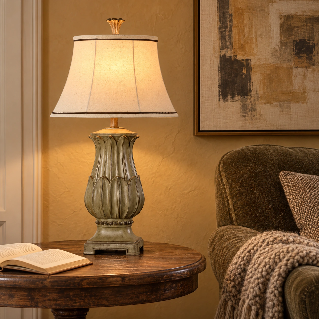 Marlowe vintage wood table lamp in a warm reading corner