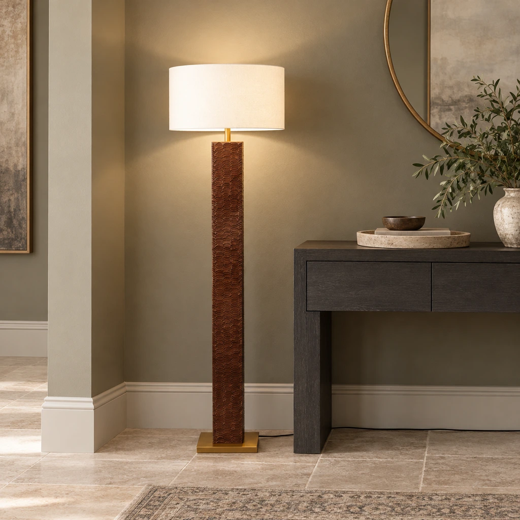 Nora floor lamp beside a foyer console