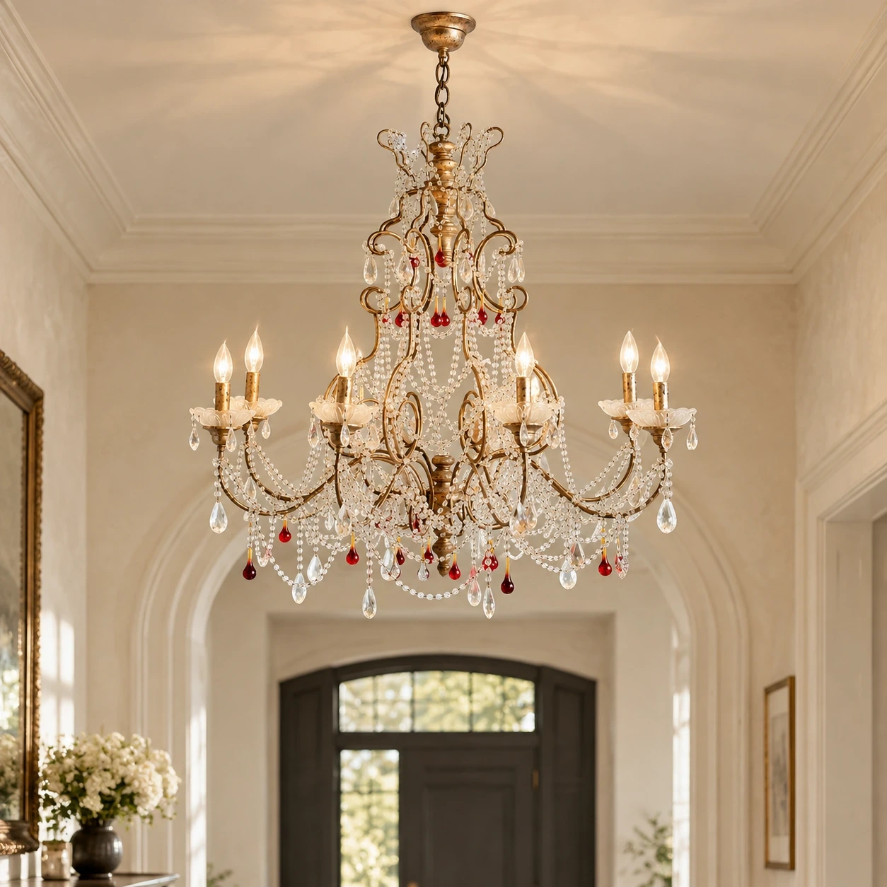Julian American Rustic Faceted Crystal and Metal Pendant Light in a bright entryway
