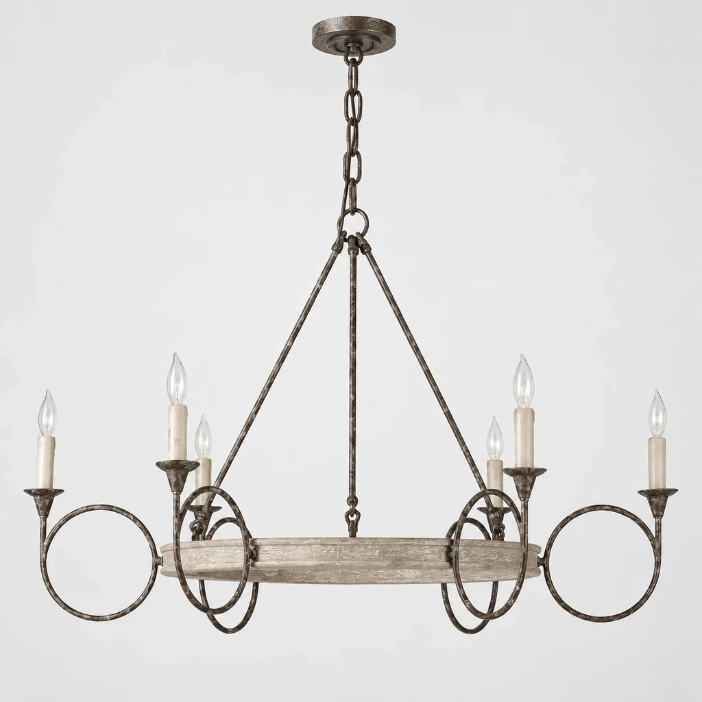 American Rustic Distressed Iron Ring Chandelier switched off in a neutral studio
