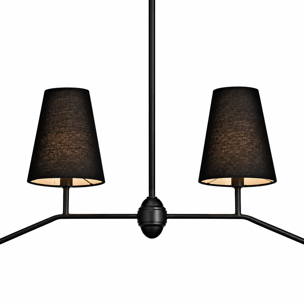 Front view of the compact central joint and two inner black fabric shades