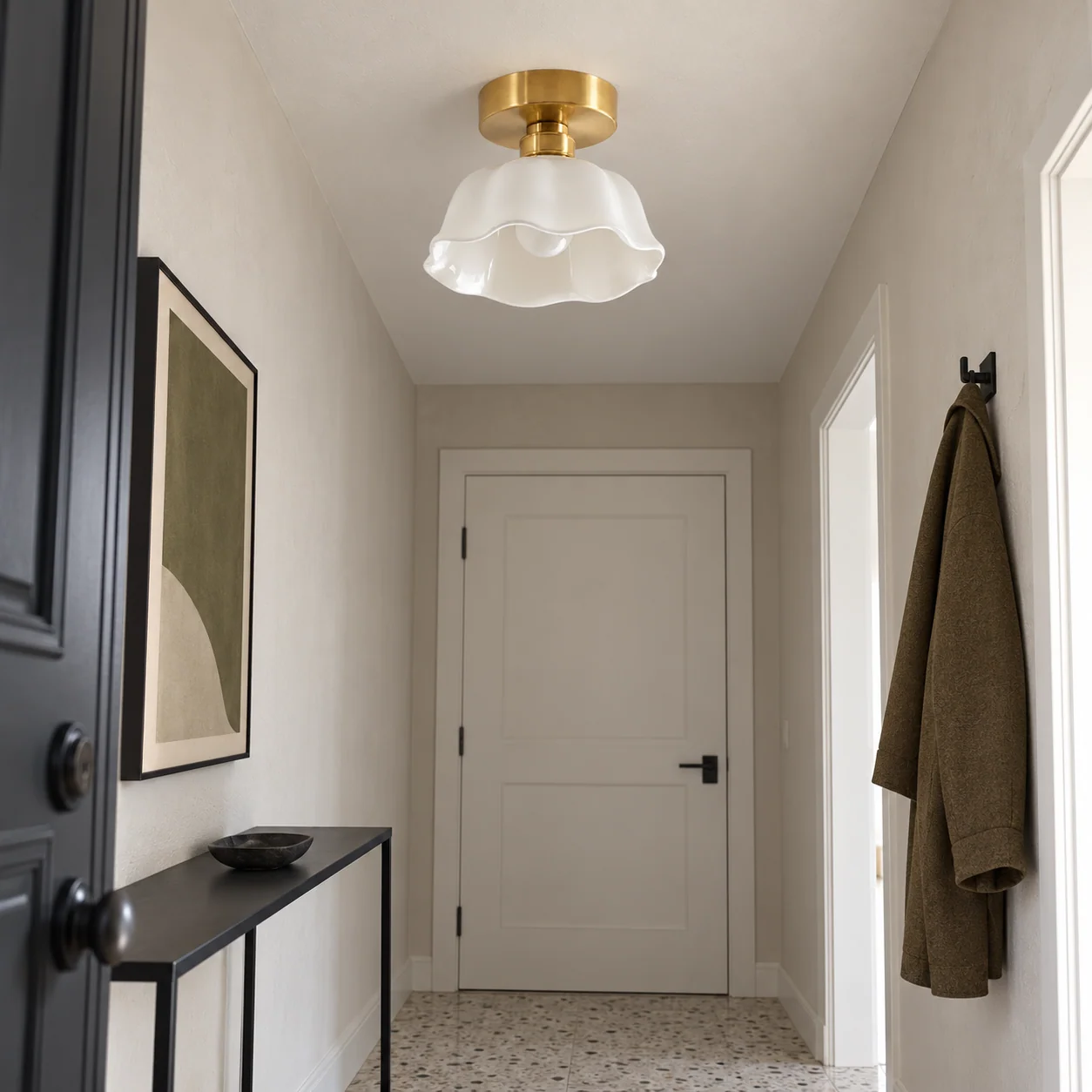 Flower flush mount in a dry entryway