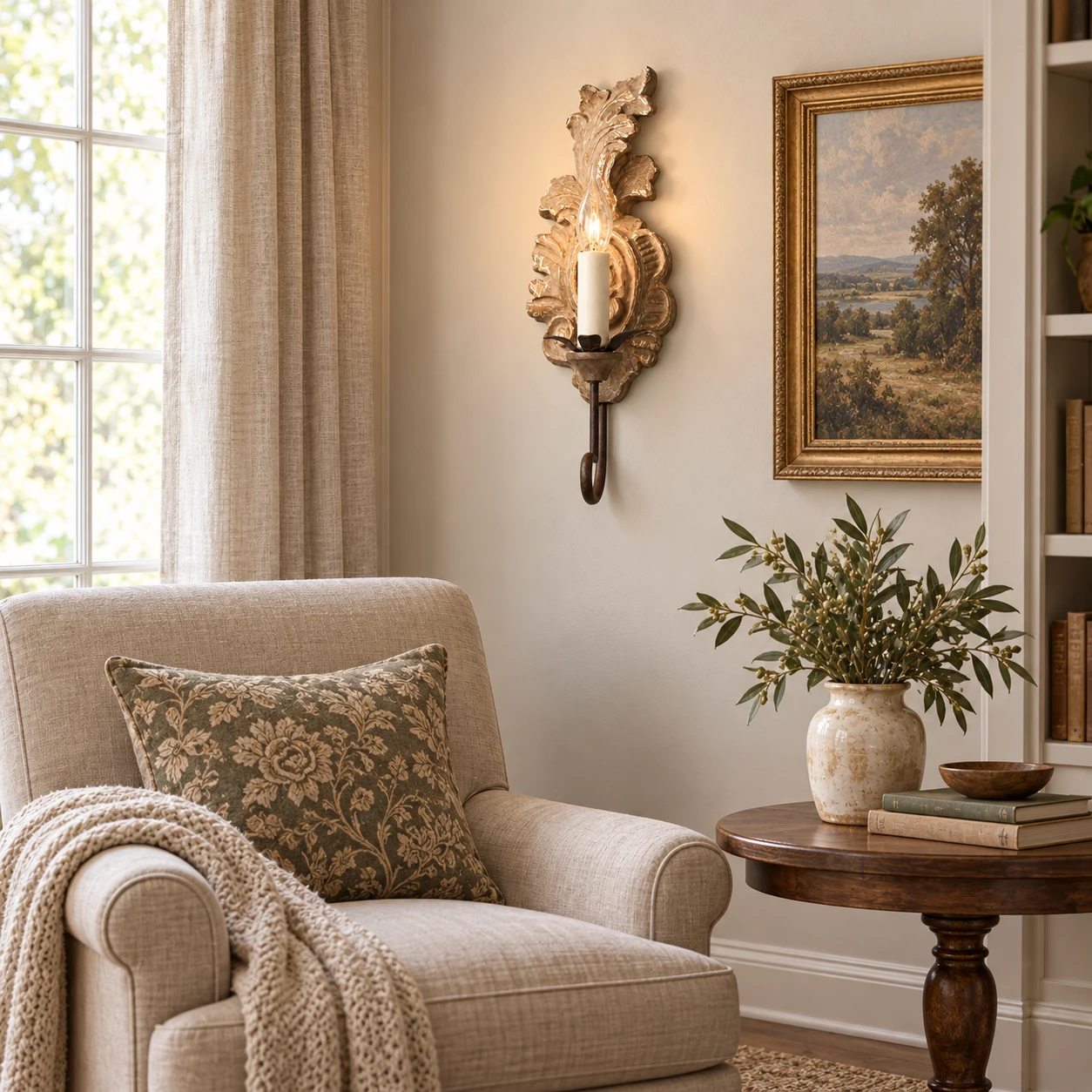 Scene · Living Room Reading Nook showing the wall-mounted sconce in an ordinary American home