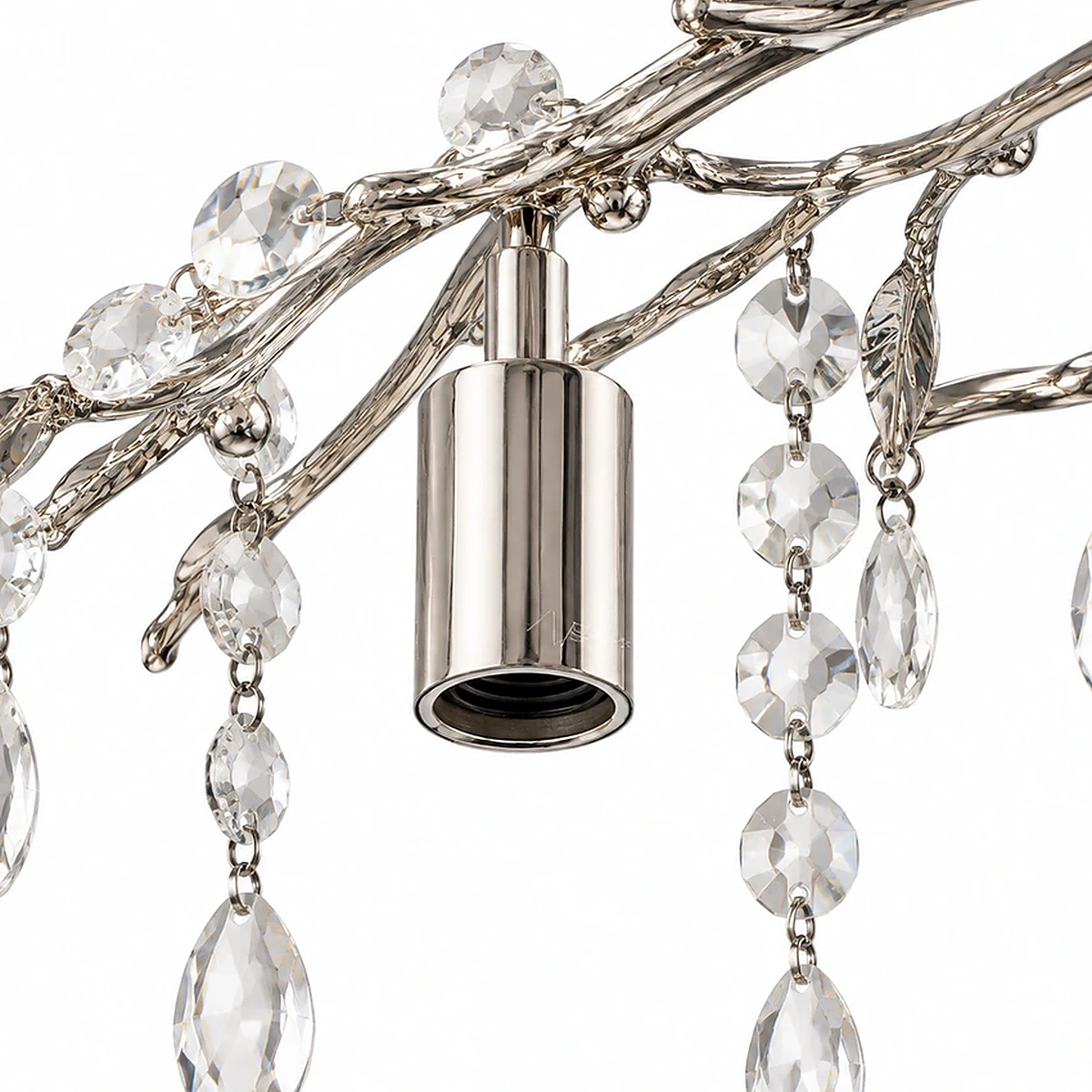 Close view of the polished silver-toned branch structure