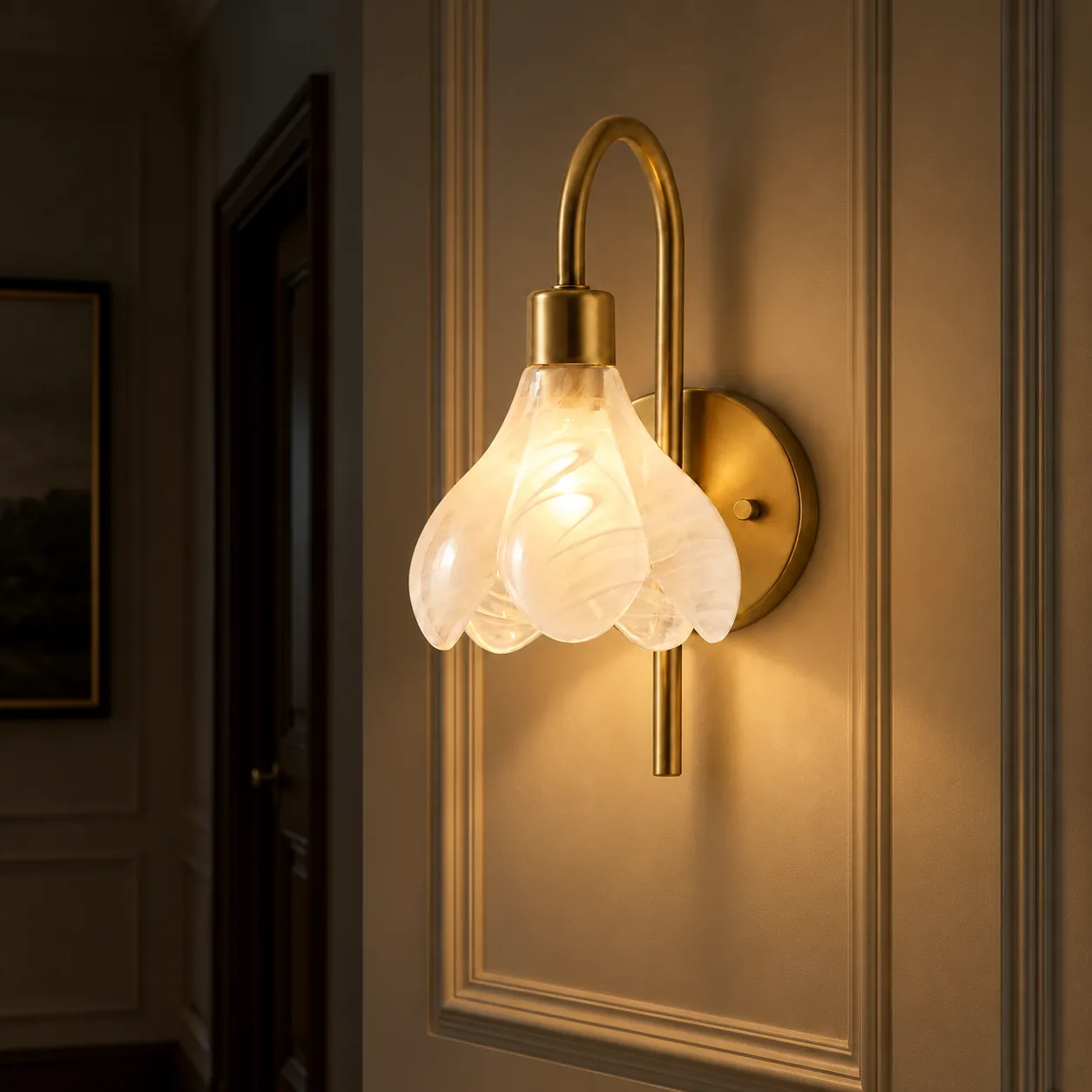 Wall sconce lit at night