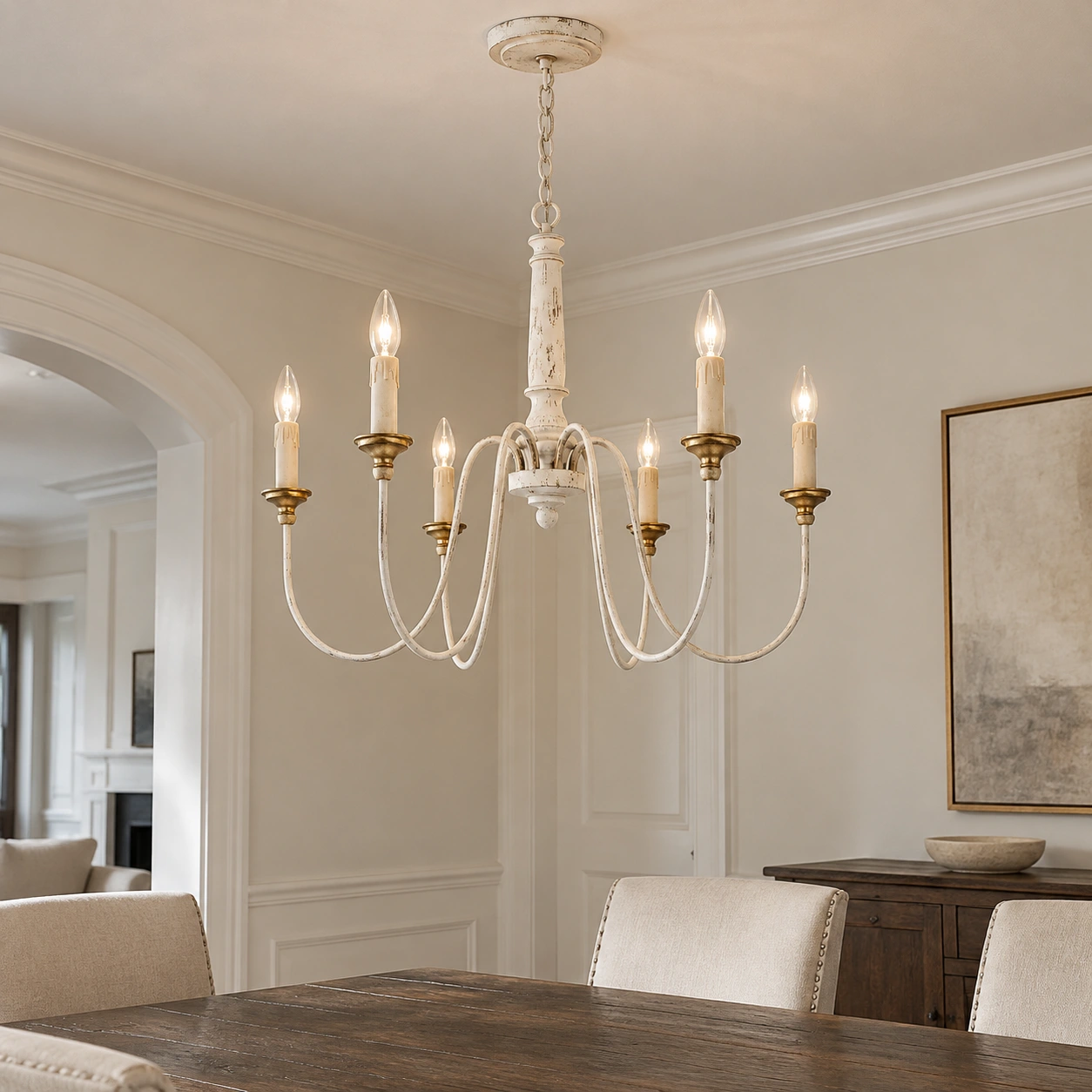 Isabelle six-arm wood and iron chandelier scene 06 lounge