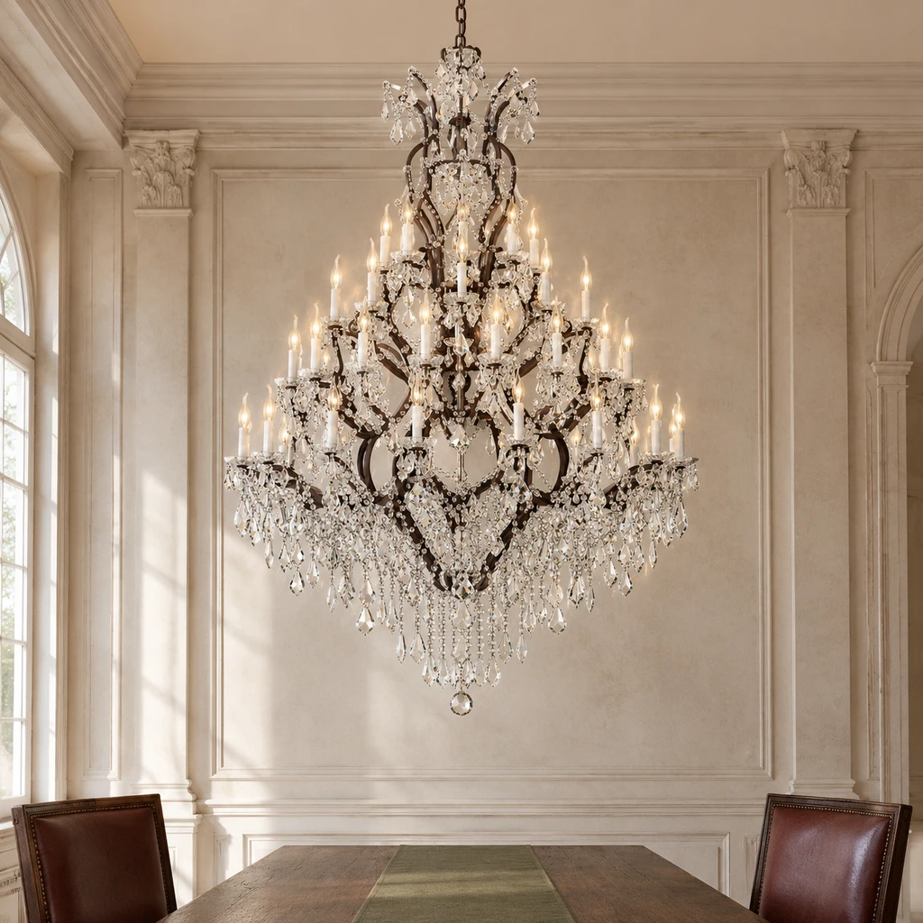Aurelia chandelier centered above a formal dark-oak dining table