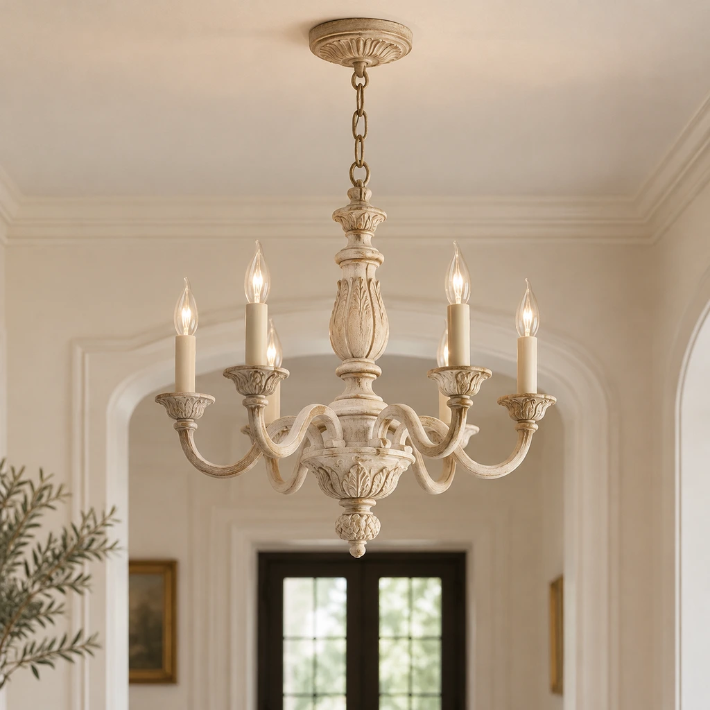 Valencia carved ivory candle chandelier illuminated in a pale architectural foyer