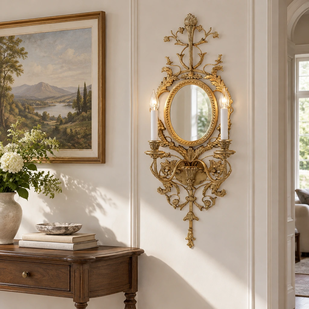 Ornate carved wood mirror wall sconce beside framed landscape artwork and walnut console; no separate mirror