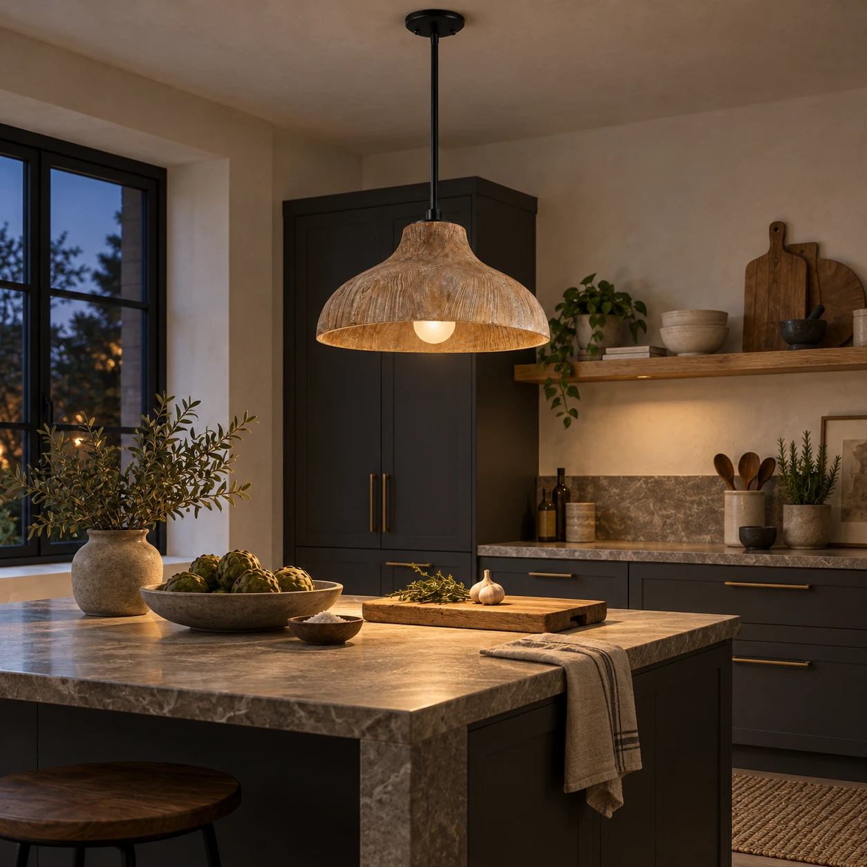 Aged wood pendant light over a kitchen work area