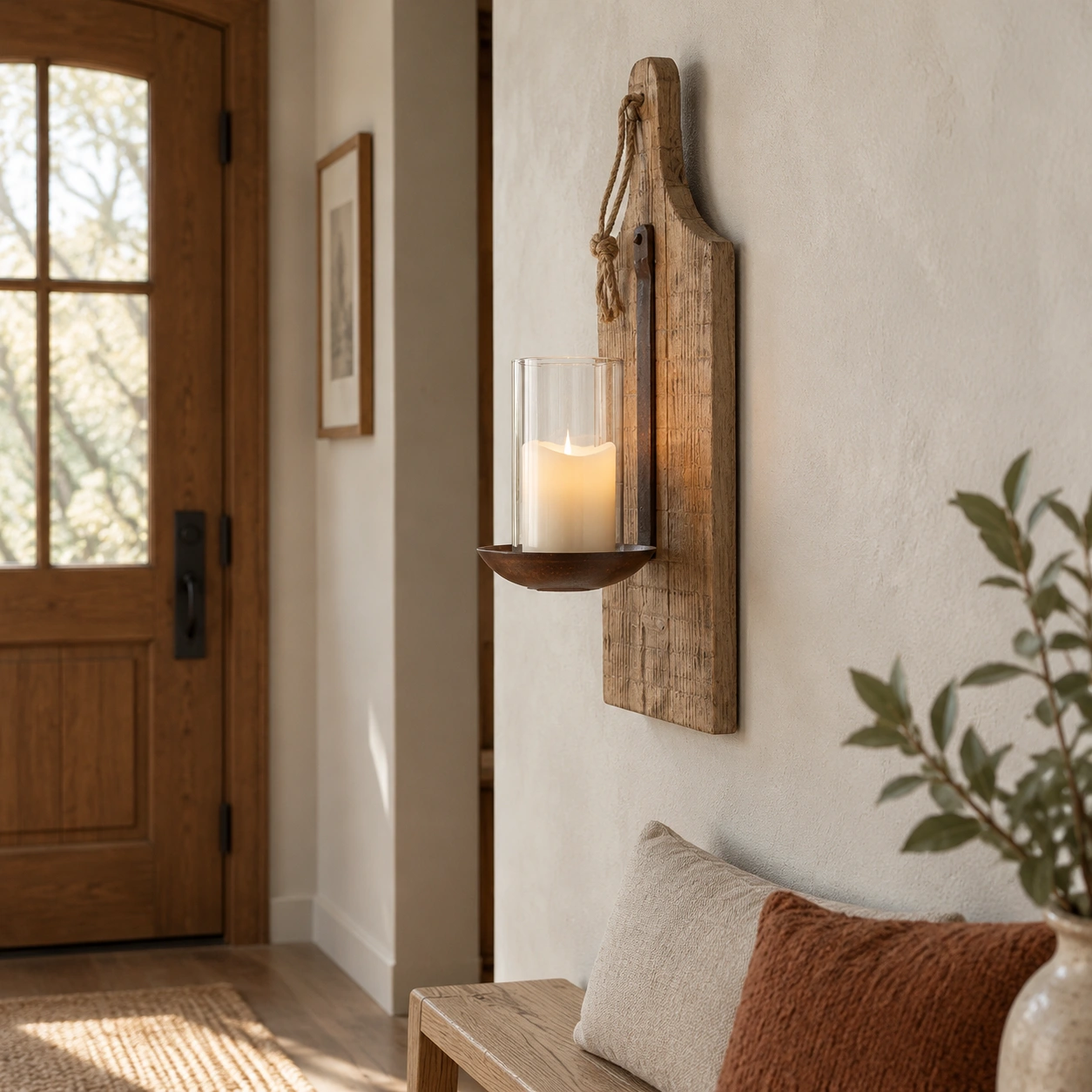 Amelia Vintage Carved Wood Wall Sconce in a residential interior