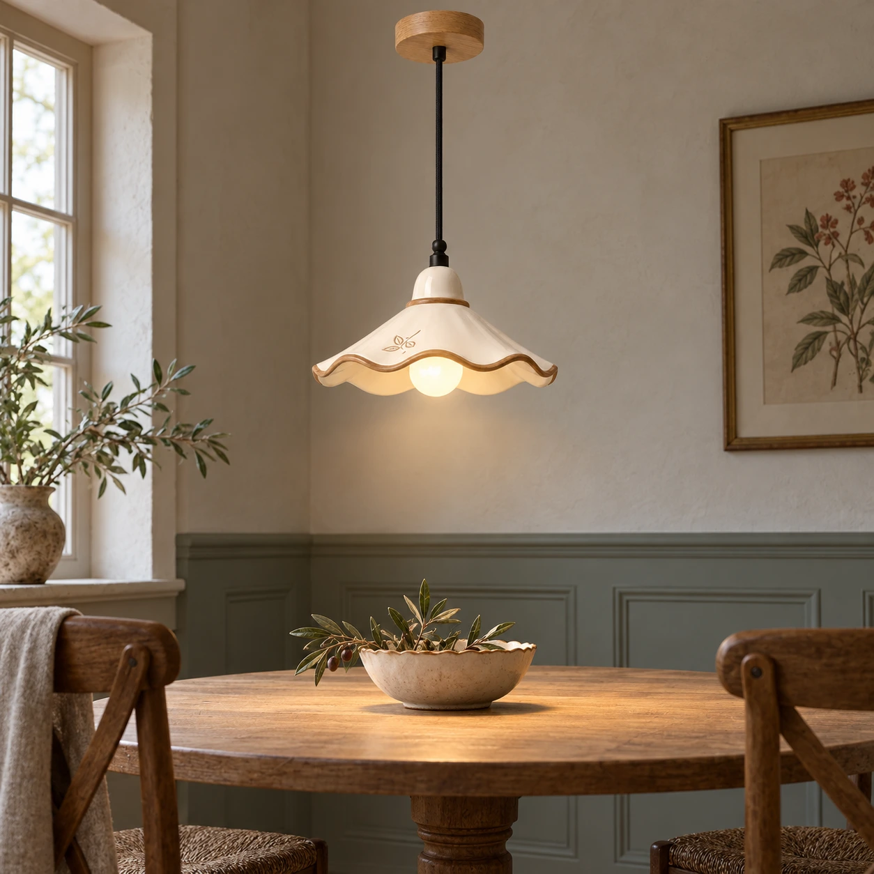 Eliseo French Vintage Scalloped Ceramic and White Ash Wood Pendant Light above a dining table