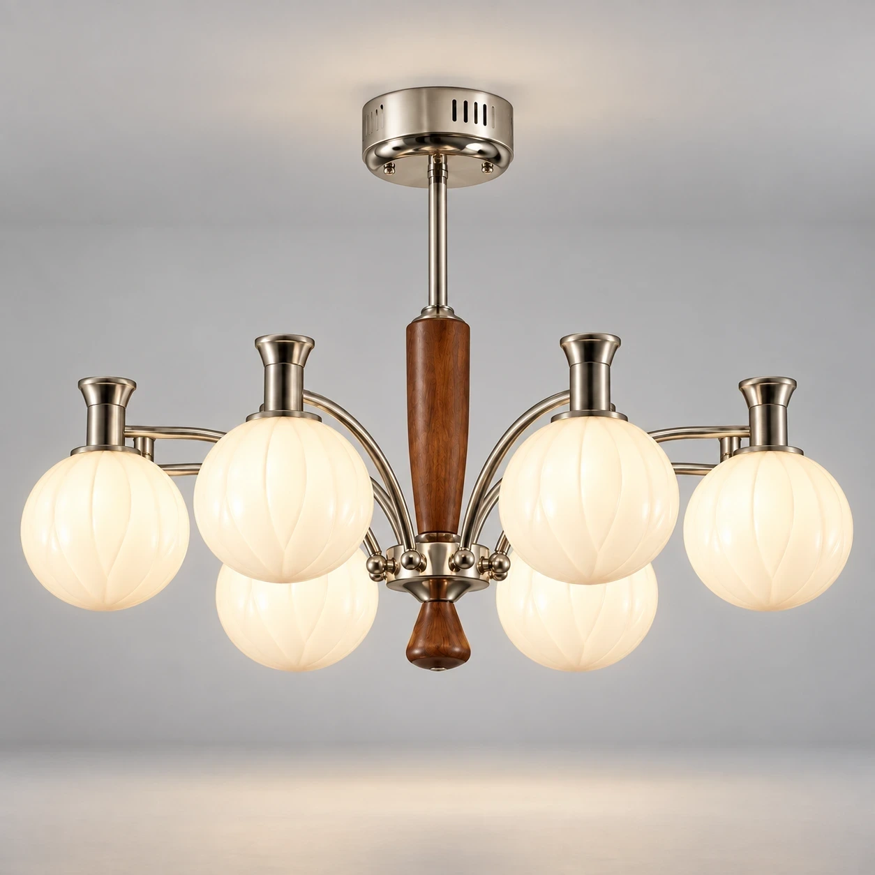 Wushlp Vintage Branch Wood Glass Chandelier switched on in a neutral studio