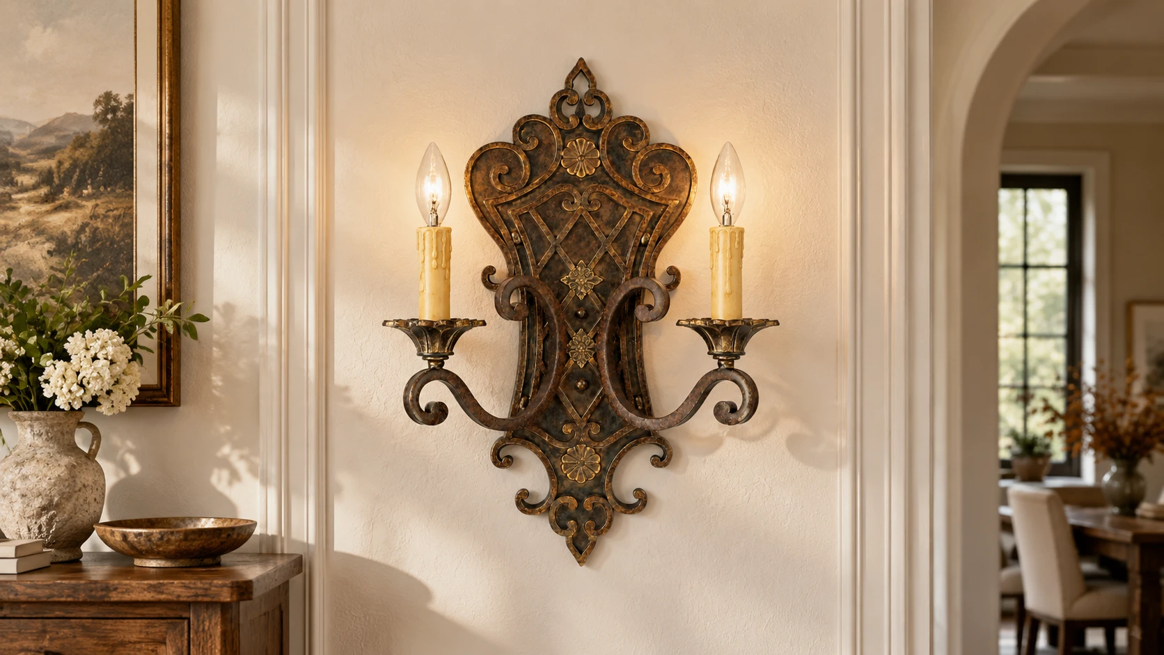 Elena French Decorative Iron Wall Sconce in a residential interior