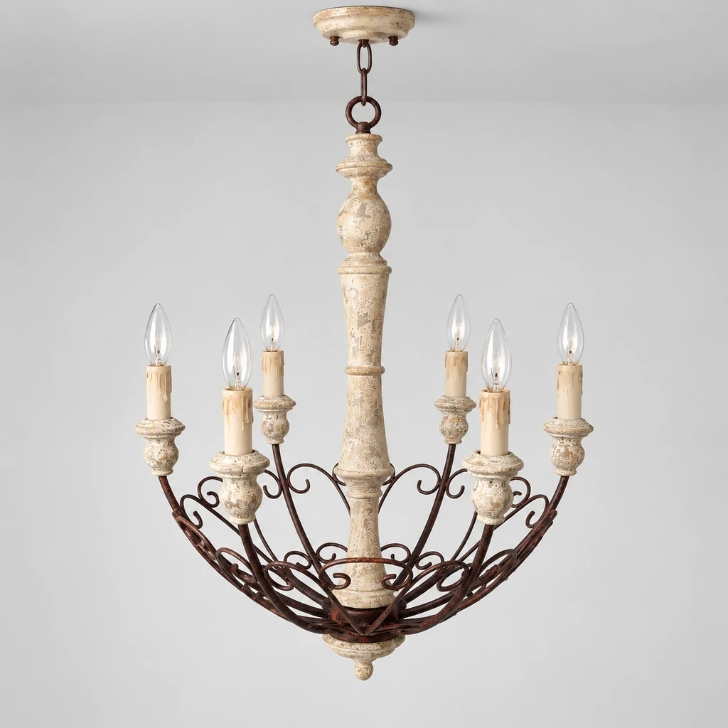 Rustic Six-Arm Carved Wood Chandelier switched off in a neutral studio