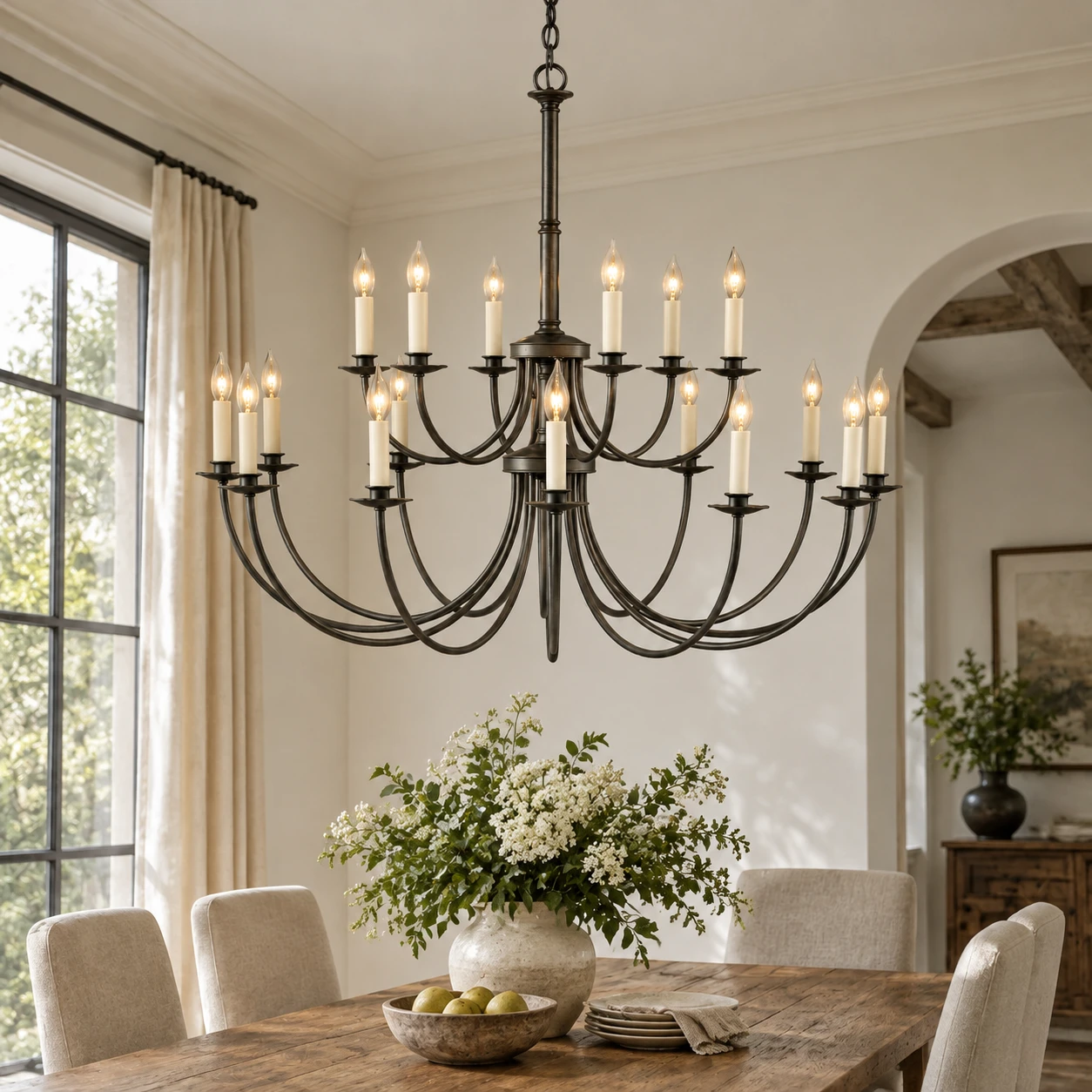 Iris European 18-Light Iron Chandelier in a residential interior