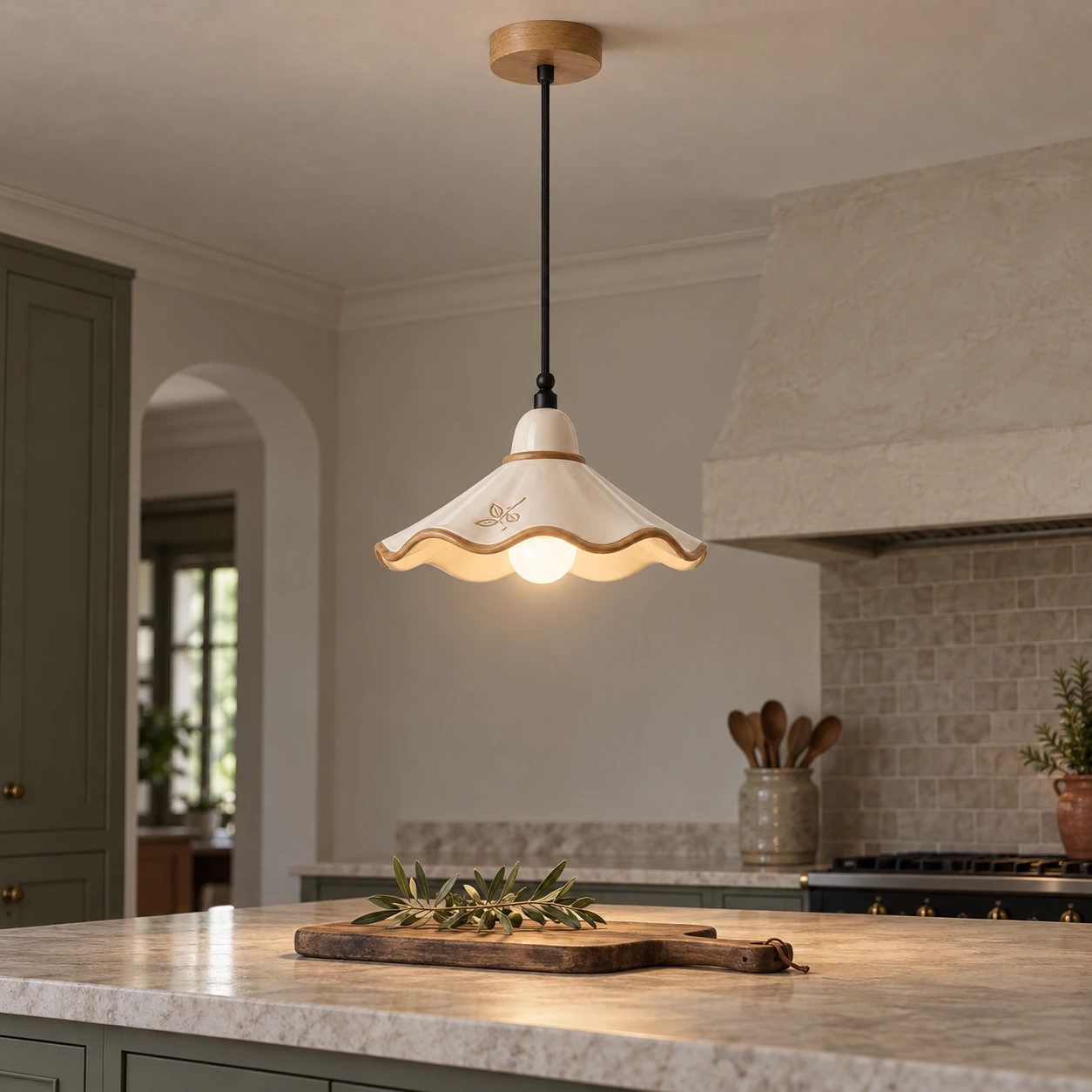 Eliseo French Vintage Scalloped Ceramic and White Ash Wood Pendant Light above a kitchen island
