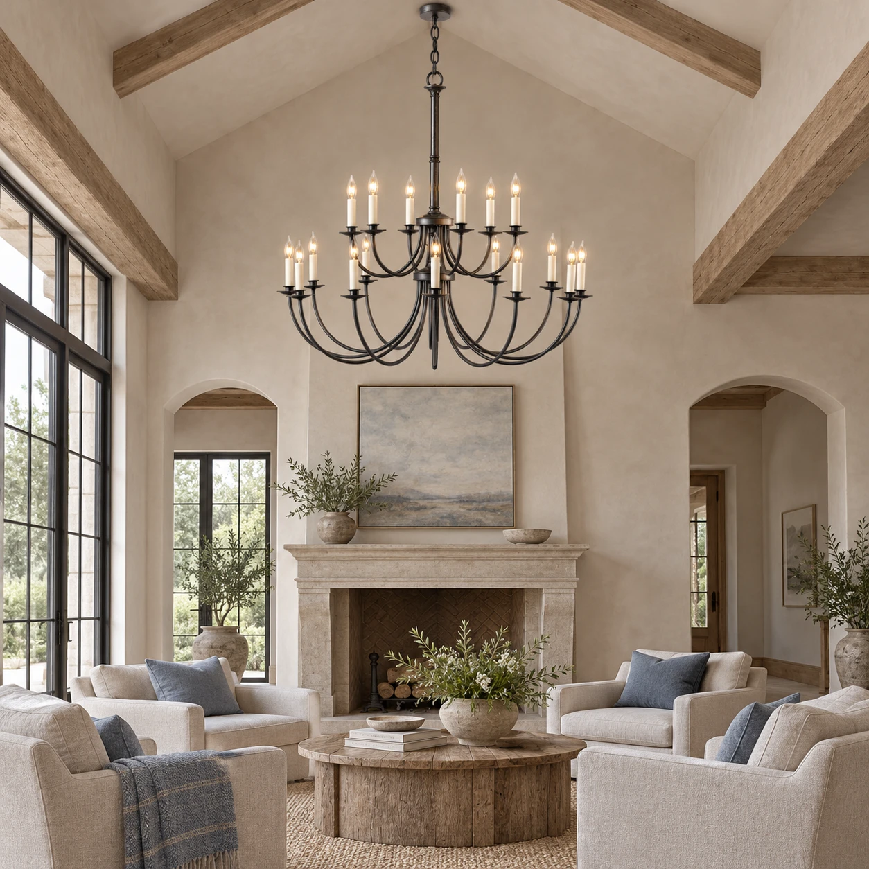 Iris European 18-Light Iron Chandelier in a residential interior