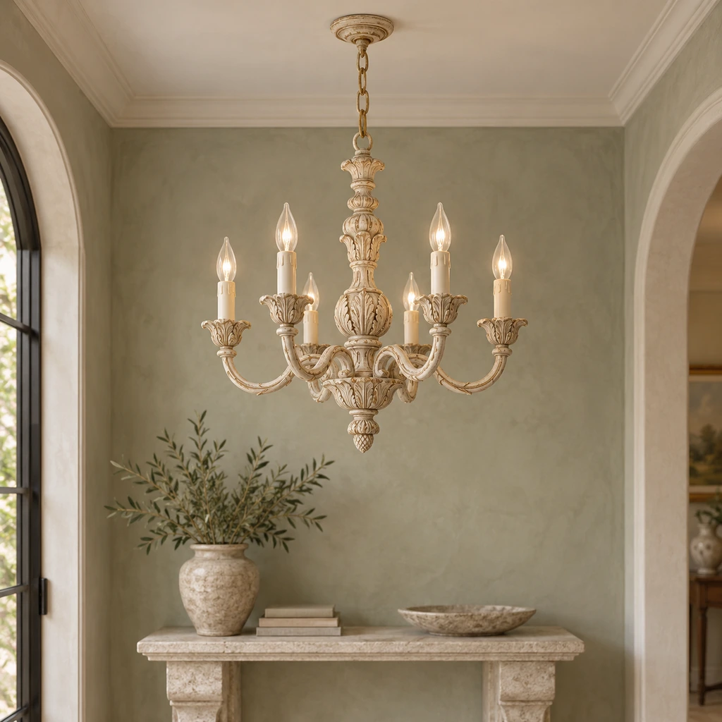 Valencia carved ivory candle chandelier in a chalky sage entry hall