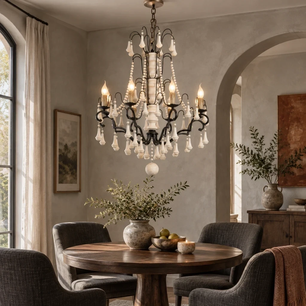 Merritt French Country Beaded Wood Chandelier with Eight Lights above a walnut lounge table