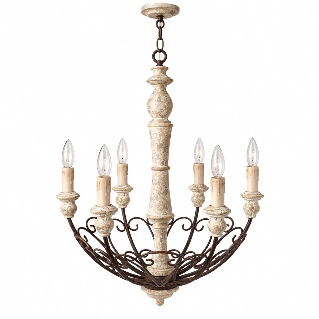 Front view of the Rustic Six-Arm Carved Wood Chandelier on white background