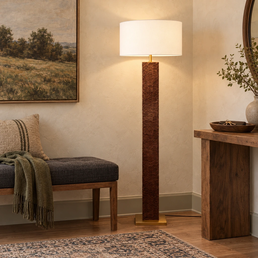 Nora floor lamp beside an entry bench