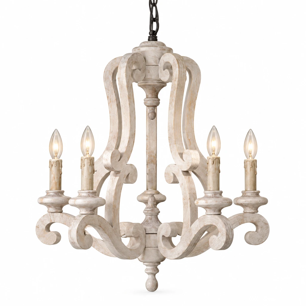 Beatrice five-light scrollwork wood chandelier on a clean white background