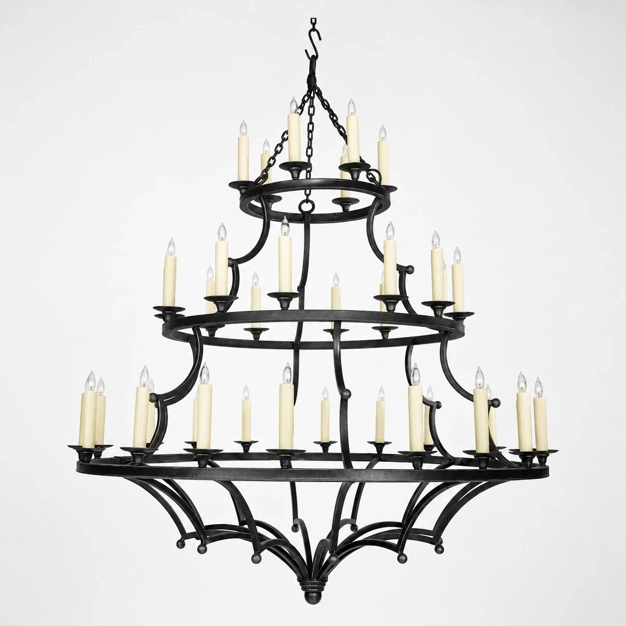 European Rustic Three-Tier Iron Chandelier switched off in a neutral studio
