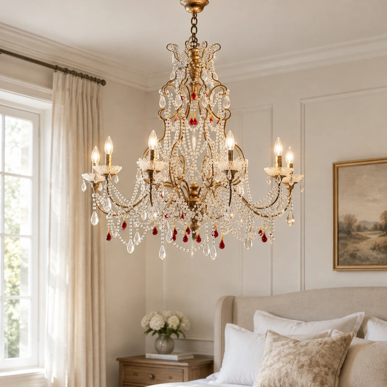 Julian American Rustic Faceted Crystal and Metal Pendant Light in a bright bedroom