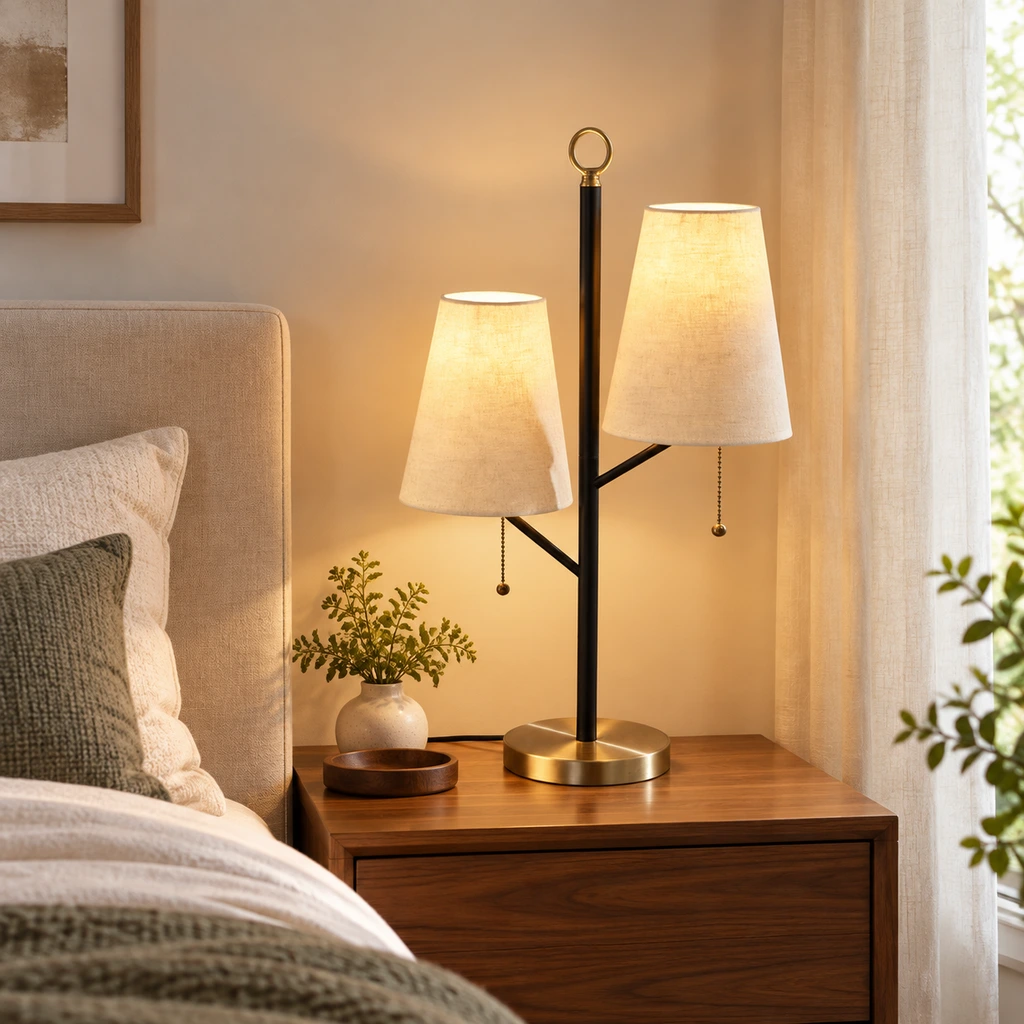 Modern metal flush-mount ceiling light installed in a bedroom sitting area